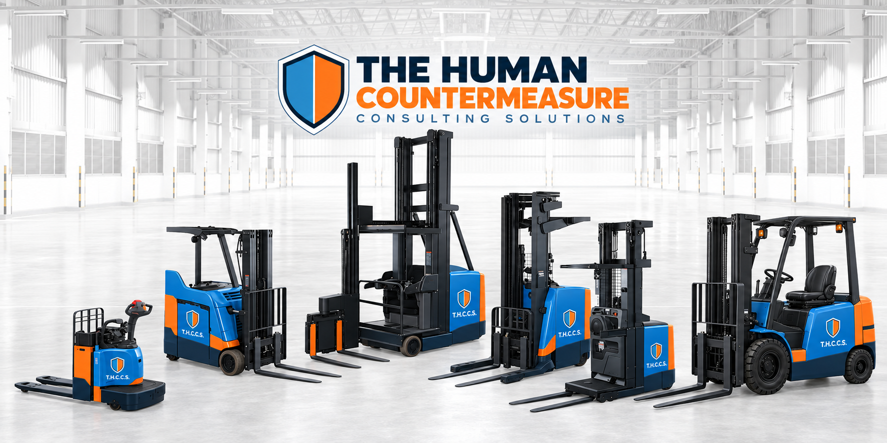 Six powered industrial trucks in The Human Countermeasure blue, orange and navy branding, including a sit-down counterbalance forklift.